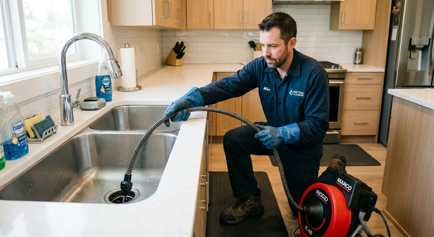 Drain cleaning technician using a motorized snake on a kitchen sink in Diamond Bar