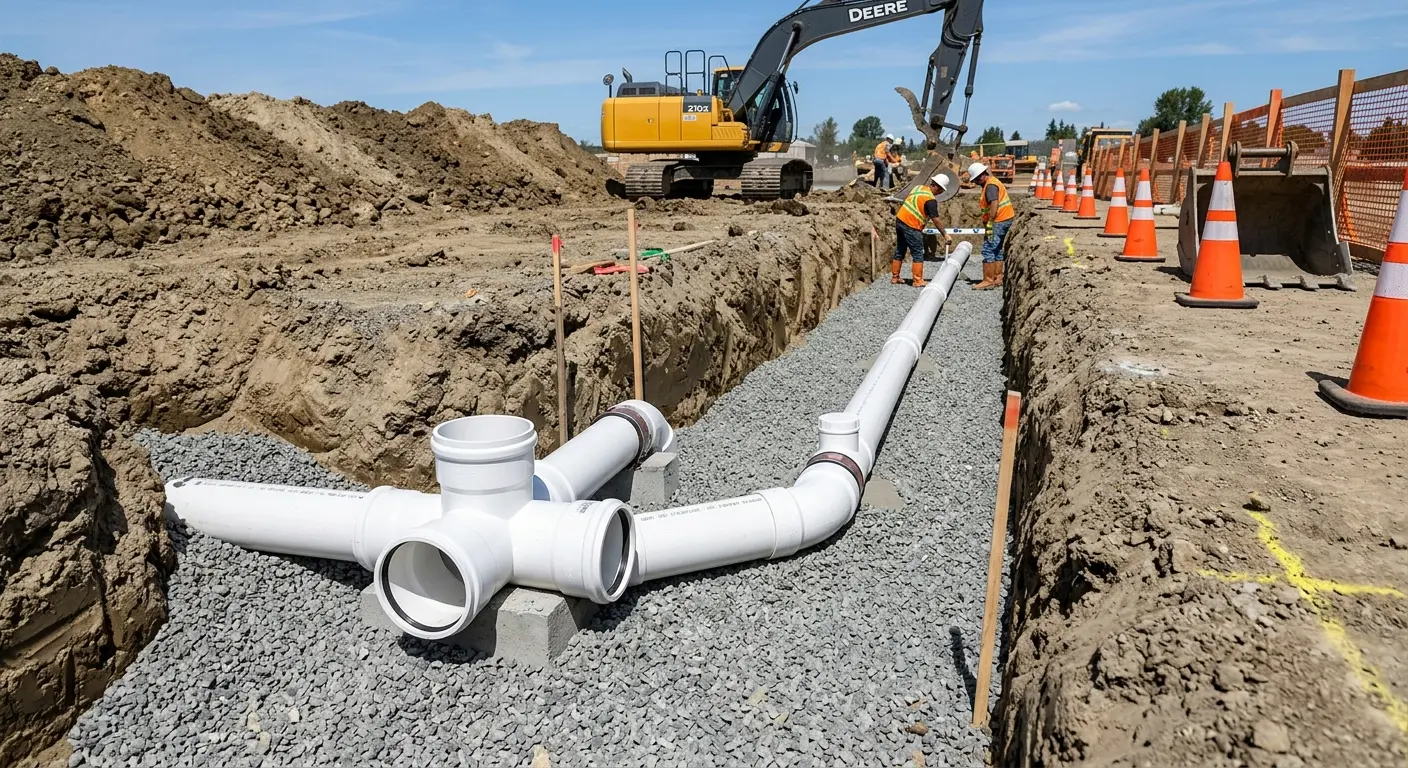 New PVC sewer pipe installation in open trench for Commercial Drain Cleaning in Diamond Bar