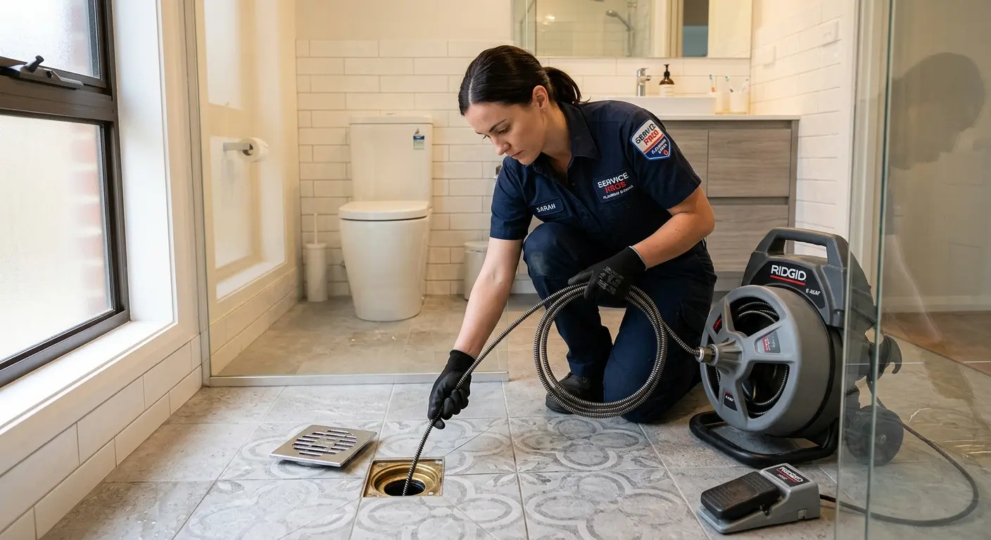 Technician clearing a bathroom floor drain for Drain Cleaning in Diamond Bar
